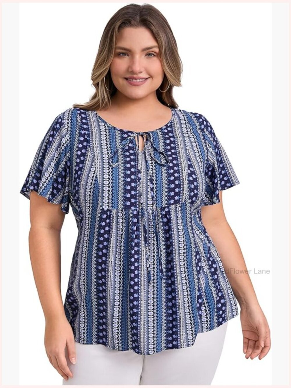 Boho Floral Print Drawstring Ruffle Sleeve Blouse Plus Size